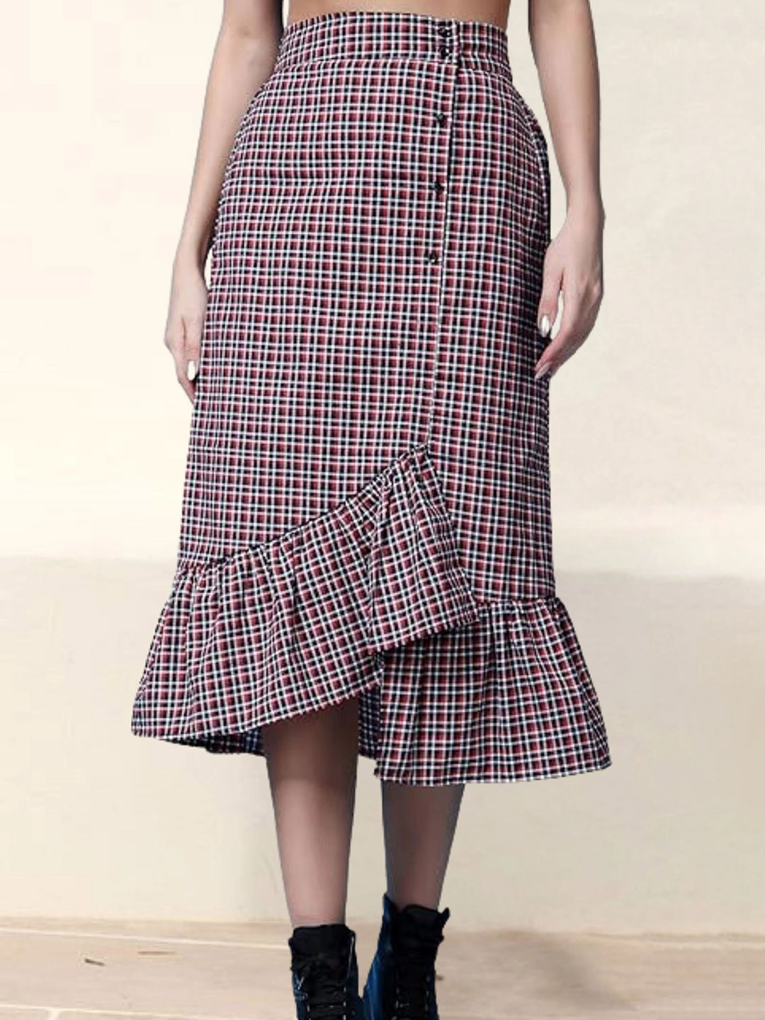 Popwings Checked Cotton Midi Trumpet Skirt