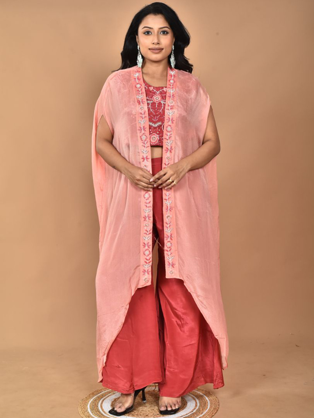 Morchari Hand Embroidered Round Neck Crop Top & Jacket With Palazzos Co-Ords