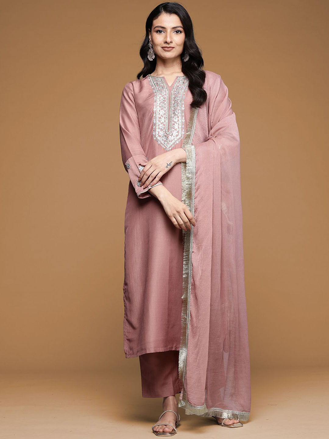 House of Pataudi Yoke Design Gota Patti Straight Kurta & Trousers With Dupatta