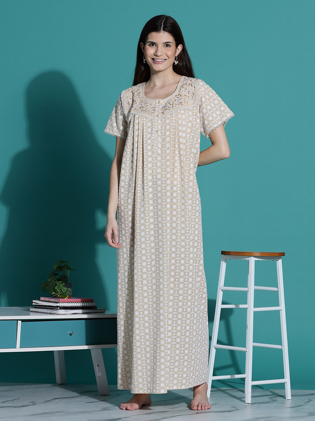 9shines Label Women Beige Lucknowi Chikankari Nightdress