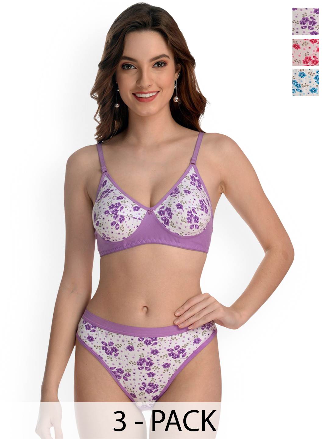 PIBU Pack Of 3 Printed Cotton Non Padded Lingerie Set A-Madurika Set_P,B,Pu