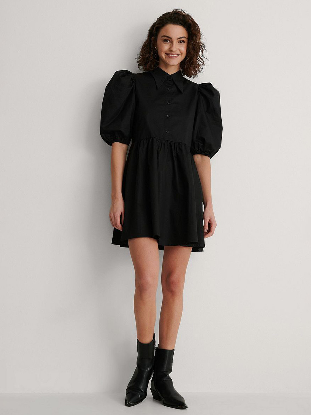 DressBerry Women Solid Shirt Collar Gathered or Pleated Party A-Line Dress