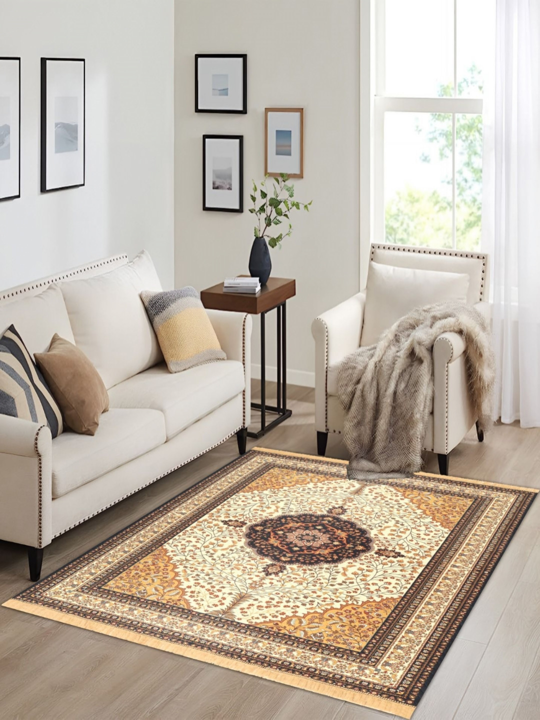 Sparrow world Adult Cream-Coloured Floral Carpet