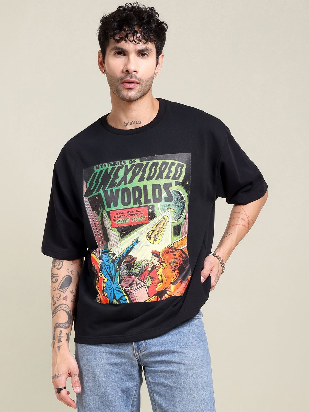 Midnight LAW MOEW Worlds Graphic Printed Round Neck Cotton Oversized T-shirt