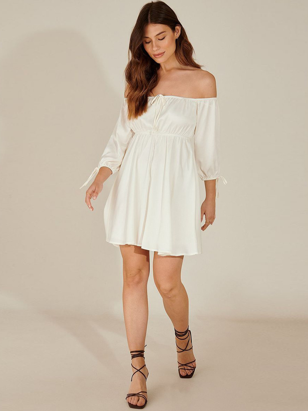 DressBerry Women Solid Off-Shoulder Gathered or Pleated Party Fit and Flare Dress