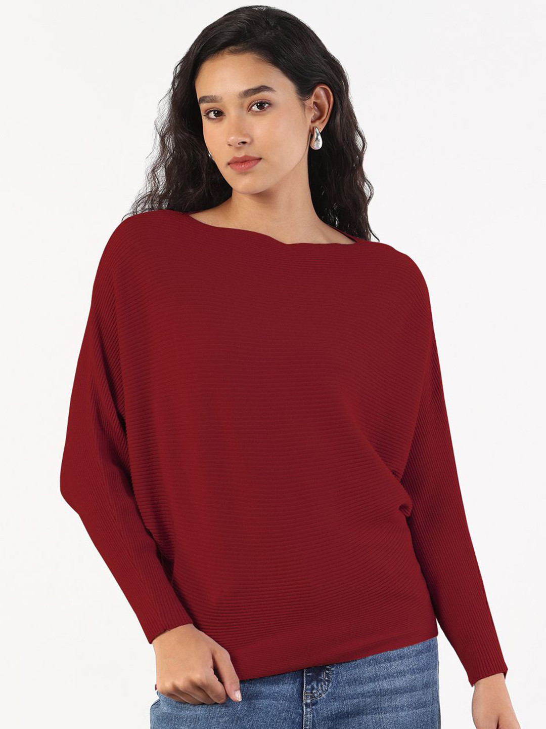 SHOWOFFFF Women Self Design Batwing Sleeve Cotton Top