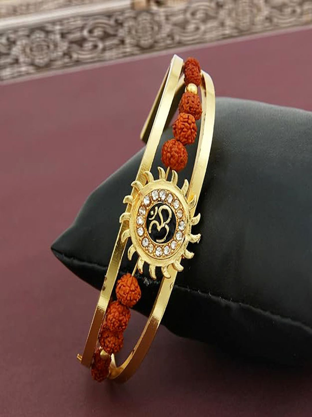 Anvika Men Gold-Plated Artificial Stones Studded And Beaded Kada Bracelet