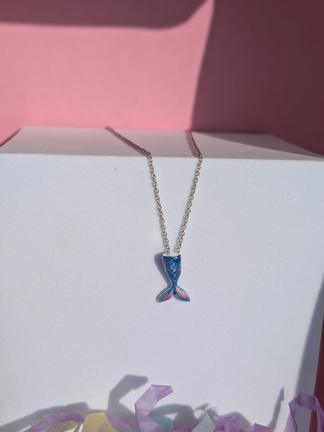 ShimmerTots Girls 925 Silver Rhodium-Plated Vibrant Mermaid Tail Pendants with Chains