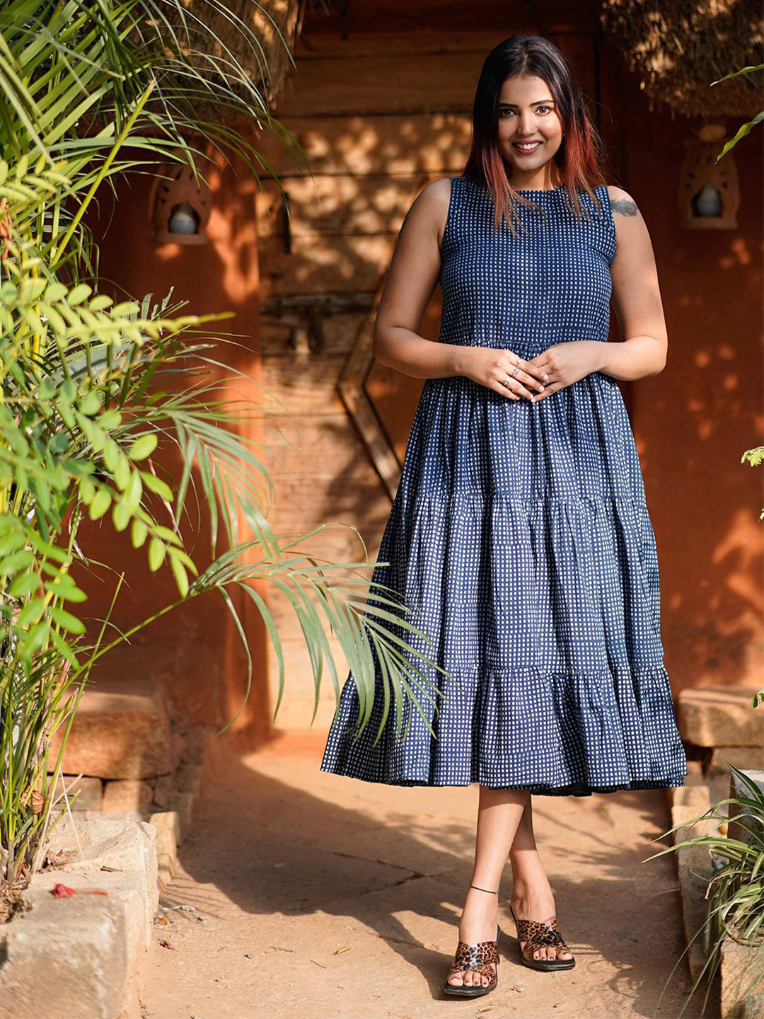 Weaves of Tradition Women Polka Dot Print Tiered Fit & Flare Midi Dress