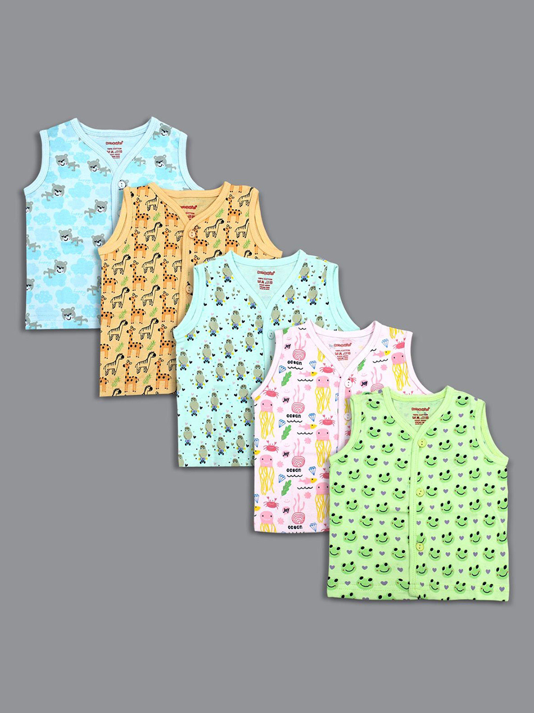 Born Babies Infants Pack Of 5 Printed Cotton Sleeveless Front Open Jhabla Vests COPBSBG