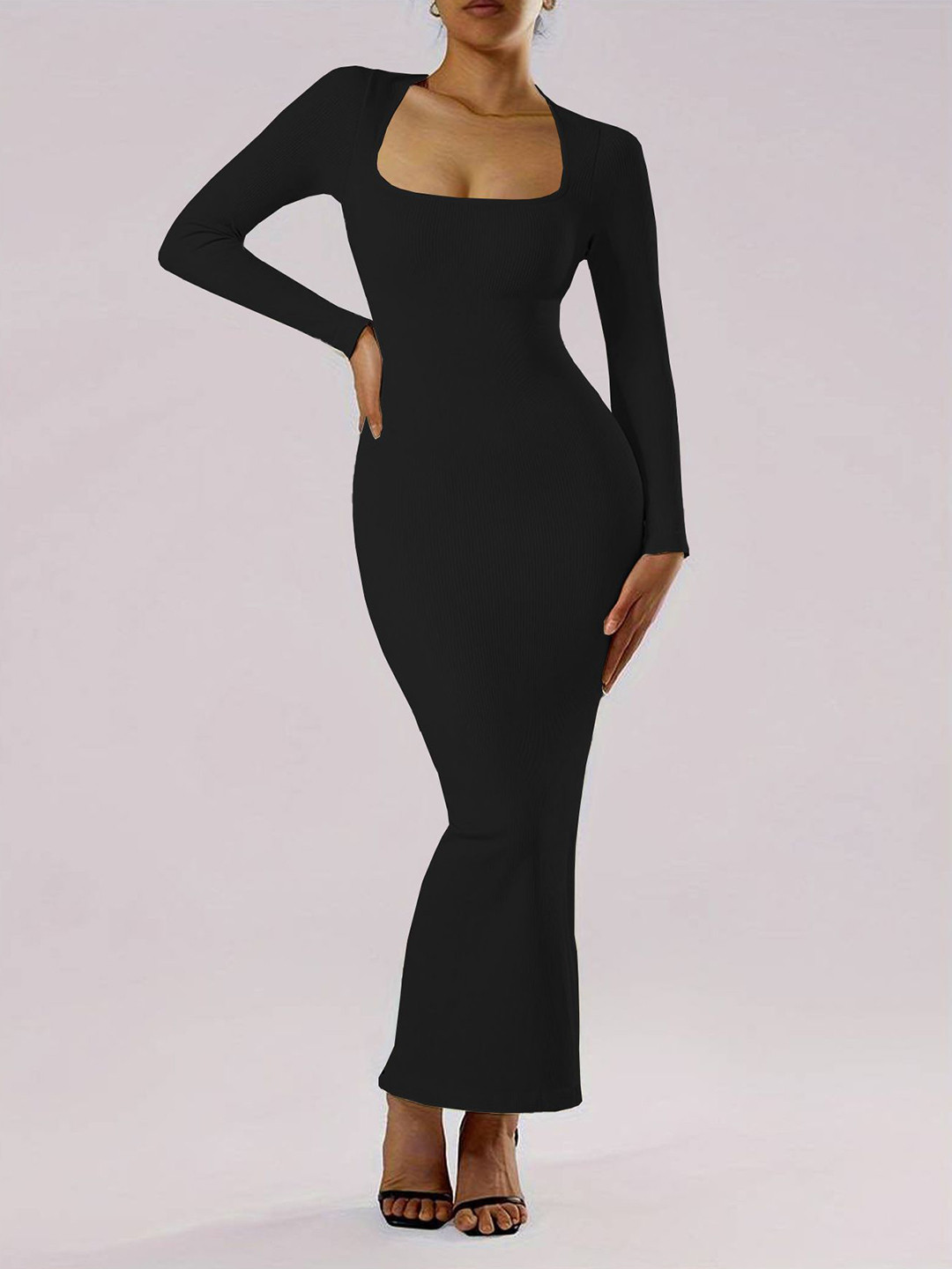 bebe Black Square Neck Long Sleeve Bodycon Maxi Dress with Back Slit