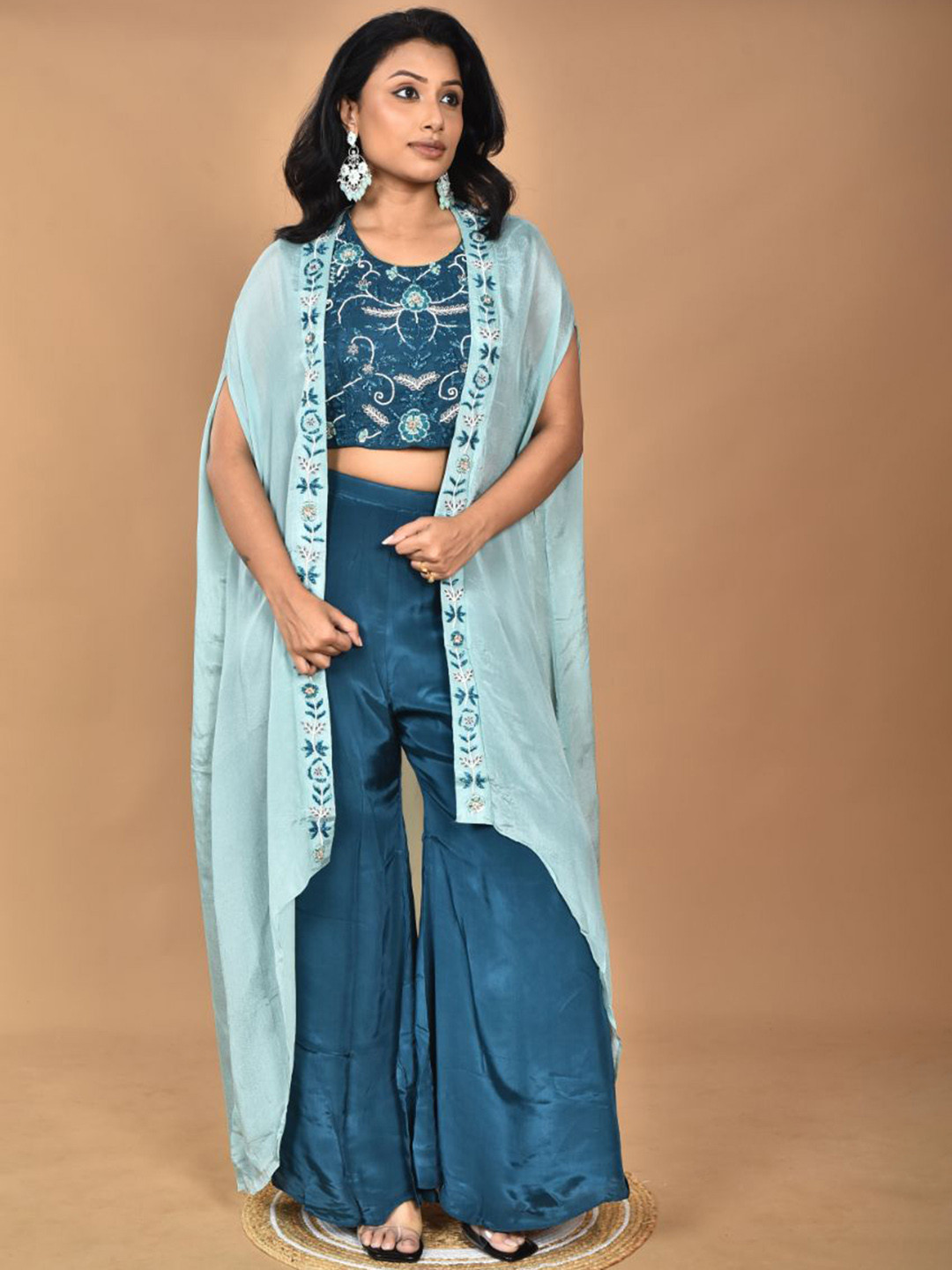 Morchari Embroidered Crop Top & Palazzo With Shrug Co-Ord Set