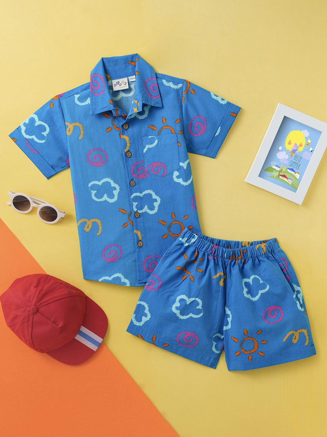 Desi Soota Boys Sun & Cloud Printed Pure Cotton Shirt With Shorts