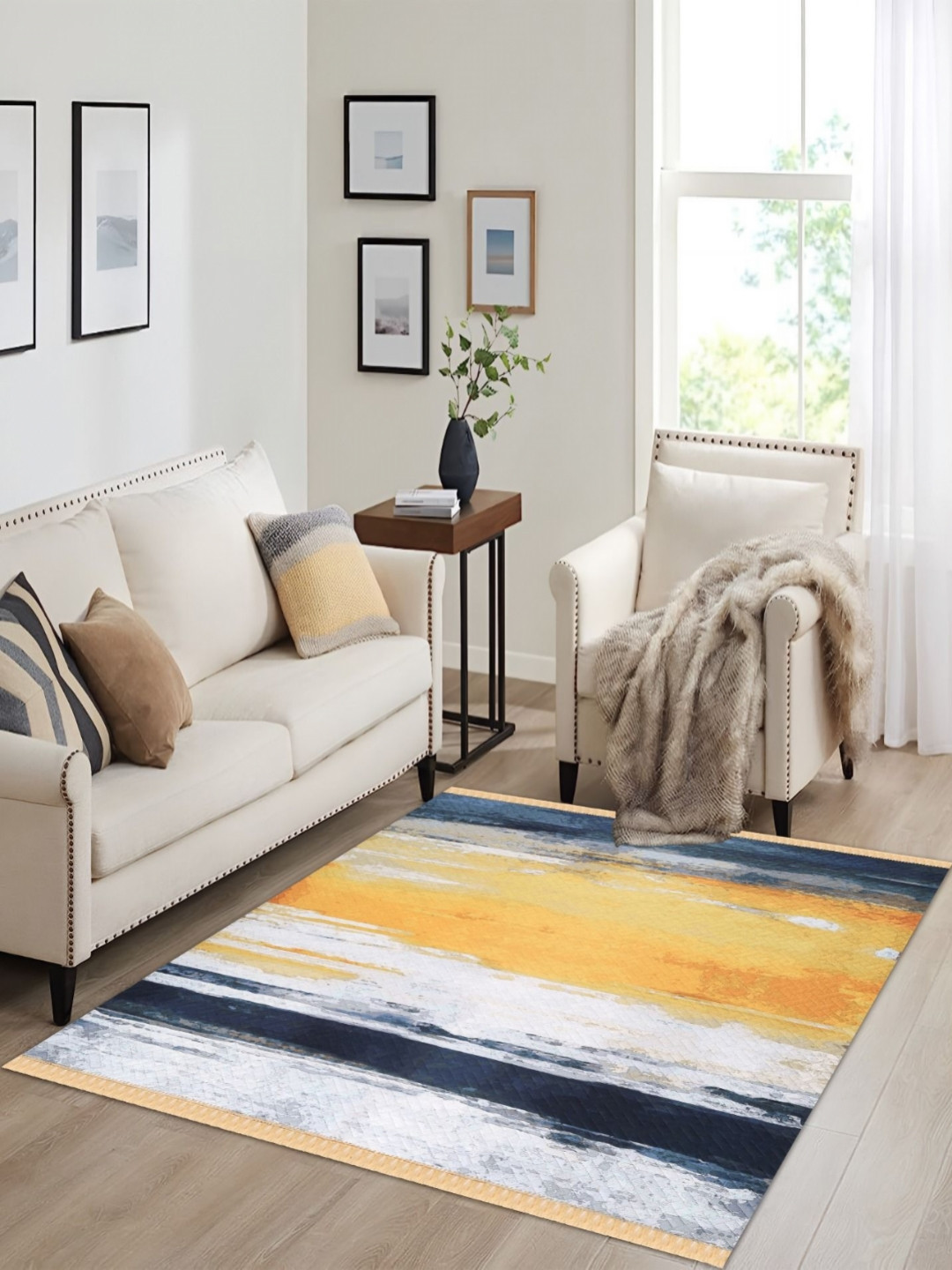 Sparrow world Yellow & Blue Abstract Printed Anti Slip Backing Carpet