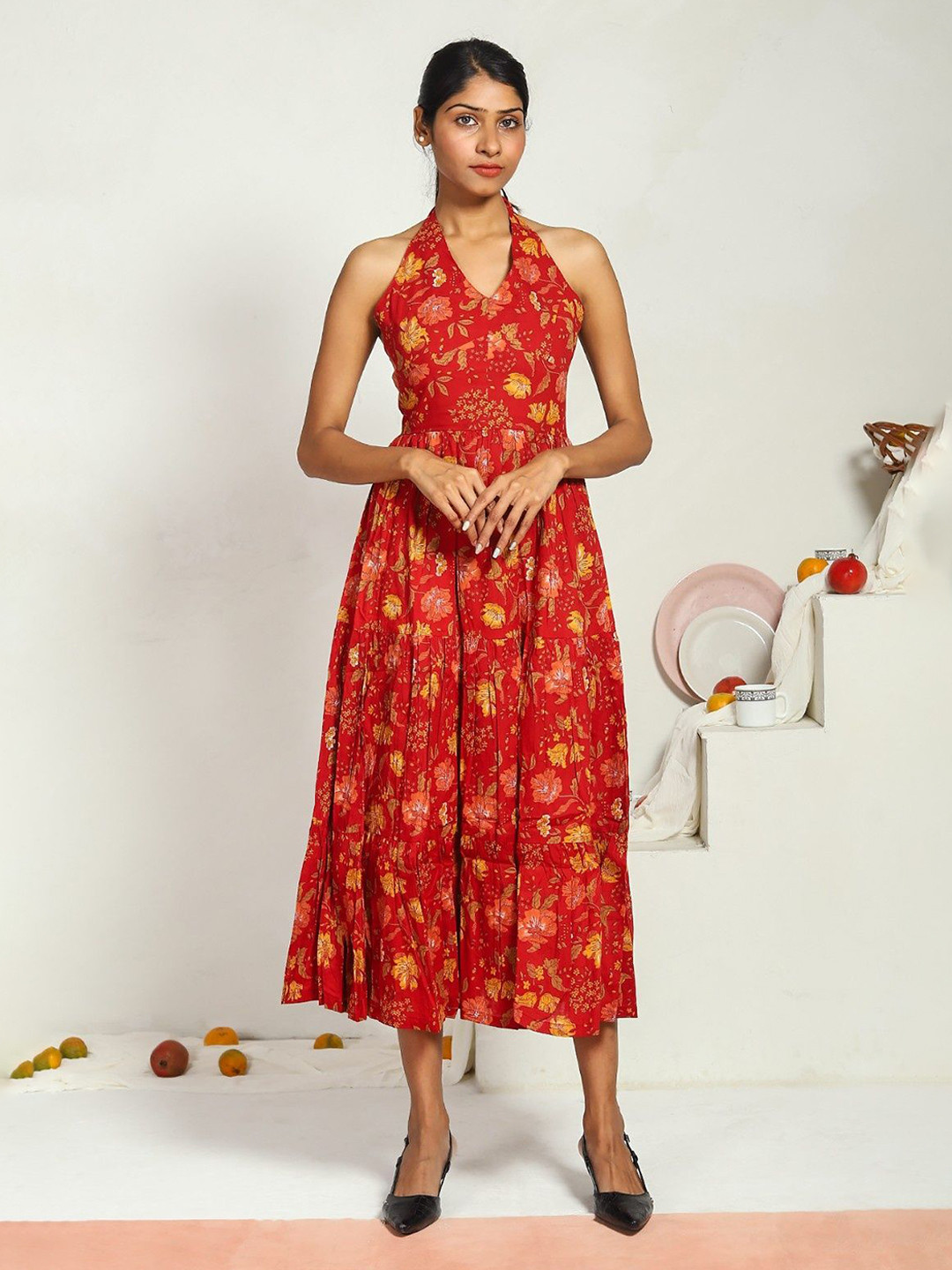 AKANYA Floral Printed Halter Neck Cotton Fit & Flare Midi Dress