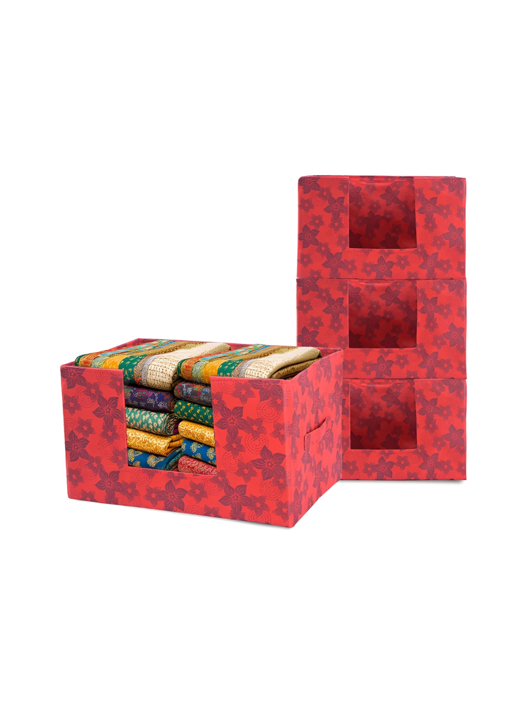Aura 4 Pcs Red Cloth Wardrobe Drawer Storage Box with Handle