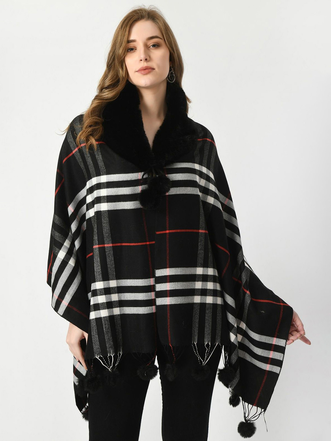 Manra Checked Faux Fur Pure Woolen Winter Shawl With Tasselled Border