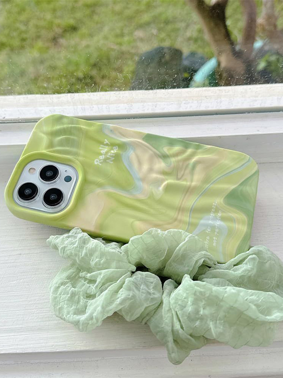 CASE CREATION iPhone 15 3D Luxury Rainbow Neon Green Wavy Back Case