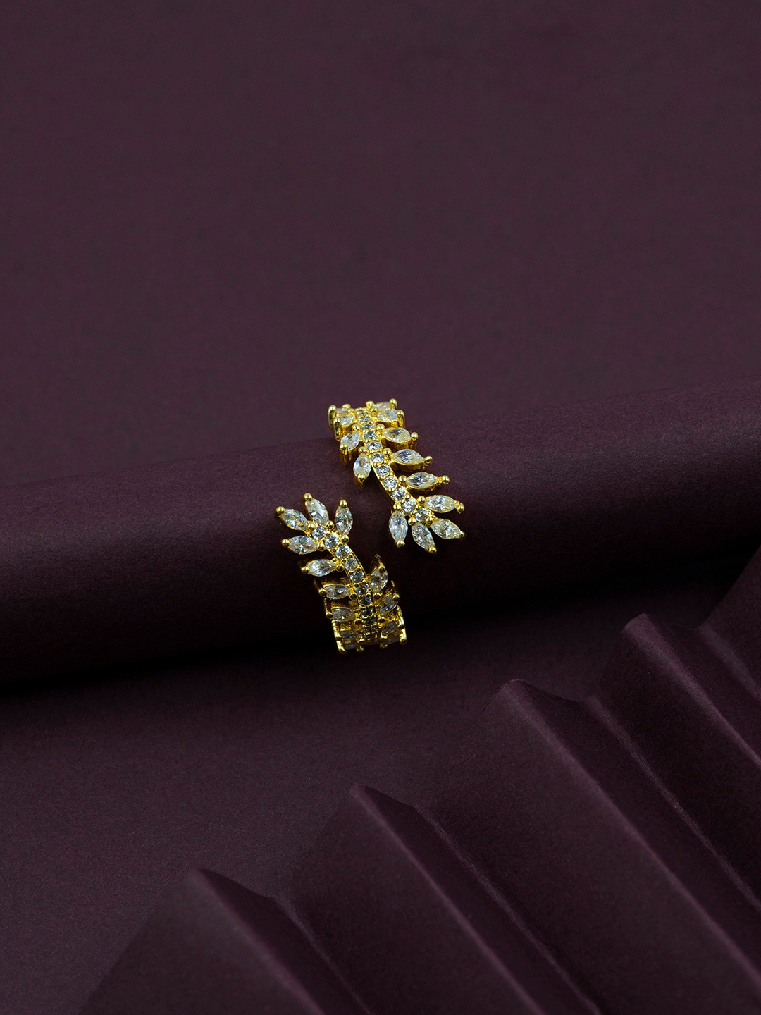 ARTKLIM Gold-Plated Leaf Design American Diamond Studded Adjustable Finger Ring