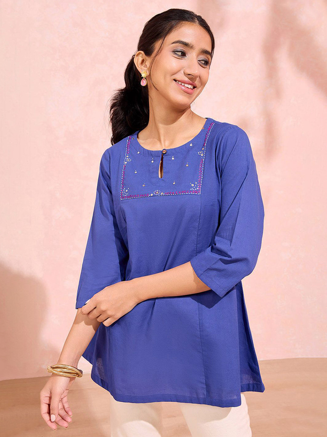 Taneira Floral Embroidered Keyhole Neck Pure Cotton  Top