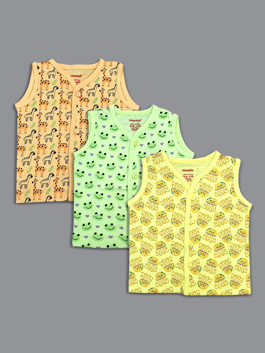 Born Babies Infants Pack Of 3 Printed Cotton Sleeveless Front Open Jhabla Vests CGOY