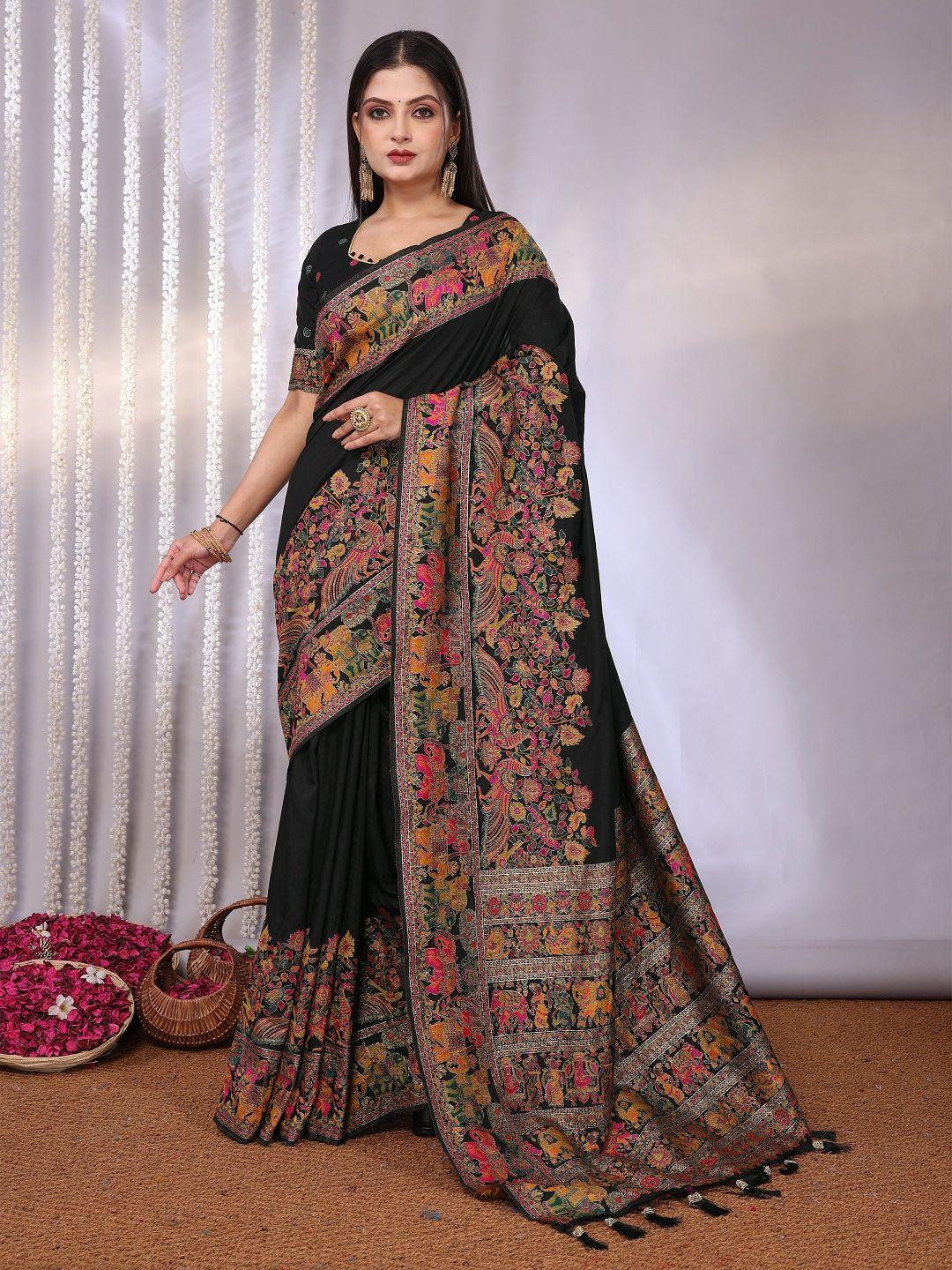 KALINI Traditional Black Rich Zari Woven Kalamkari Motifs Saree