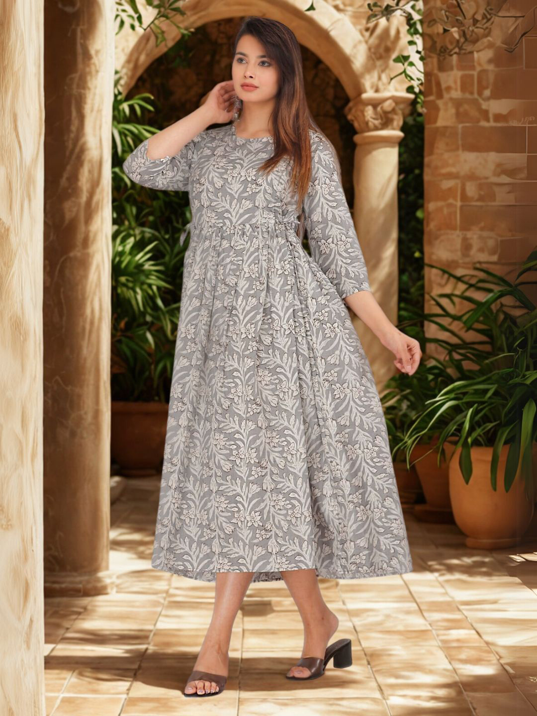 Vaidiki Women Maternity Plus Size Floral Printed Flared Cotton Ethnic Dress