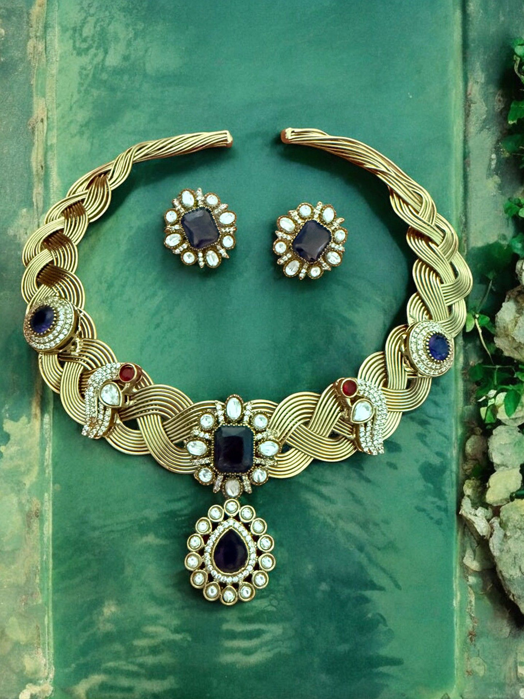 Rebekah Gold-Plated Stoned Studded Braided With Peacock Motifs Hasli Jewellery Set