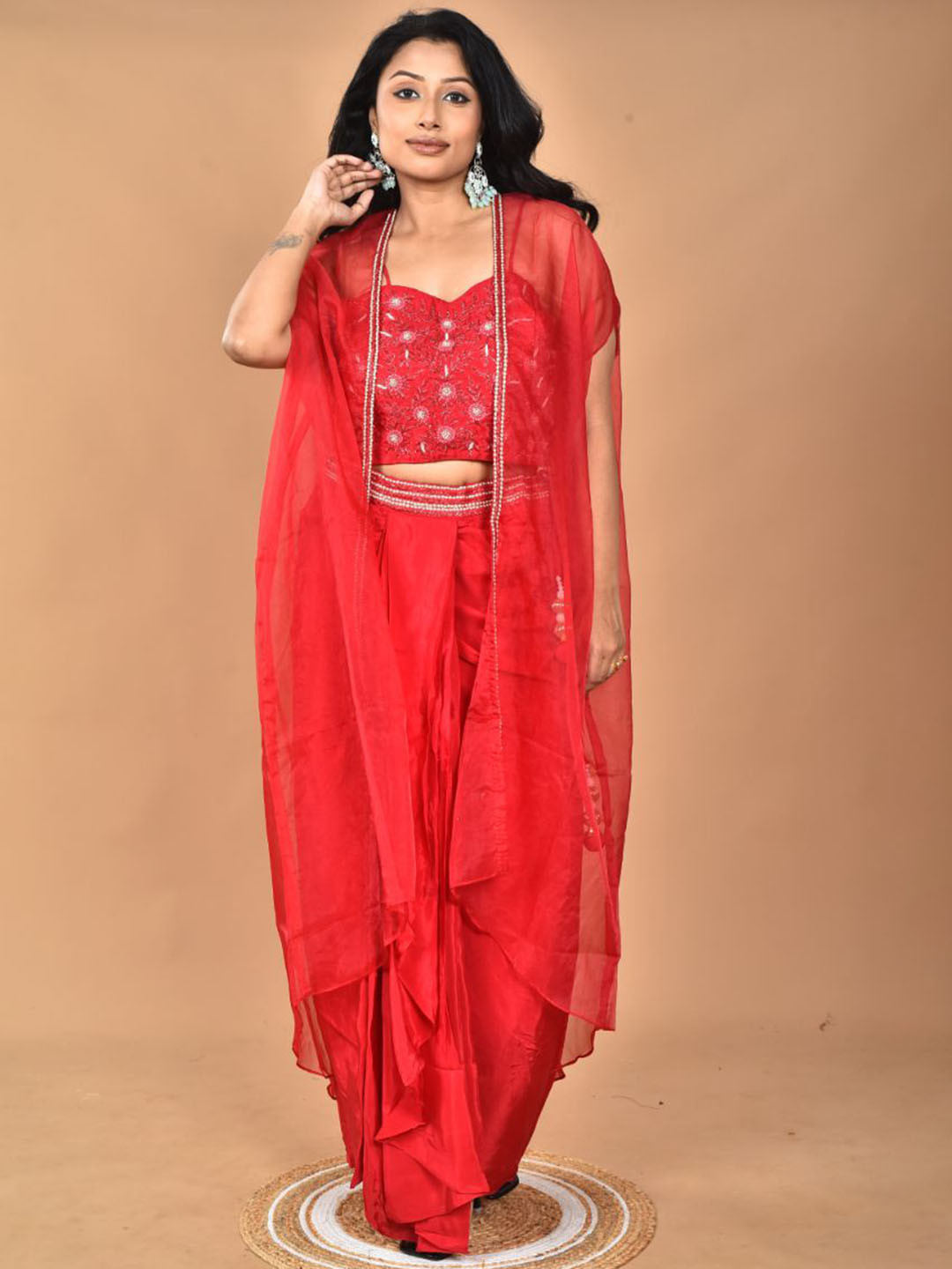 Morchari Hand Embroidered Shoulder Strap Neck Crop Top & Jacket With Skirt Co-Ords