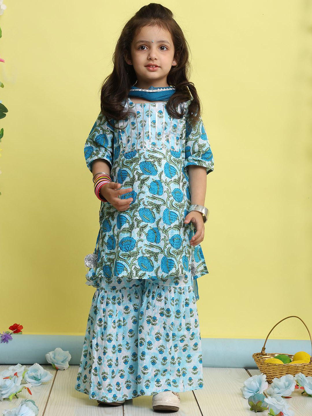 Here&Now X Kinder Kids Girls Floral Printed Pure Cotton Kurta With Sharara & Dupatta