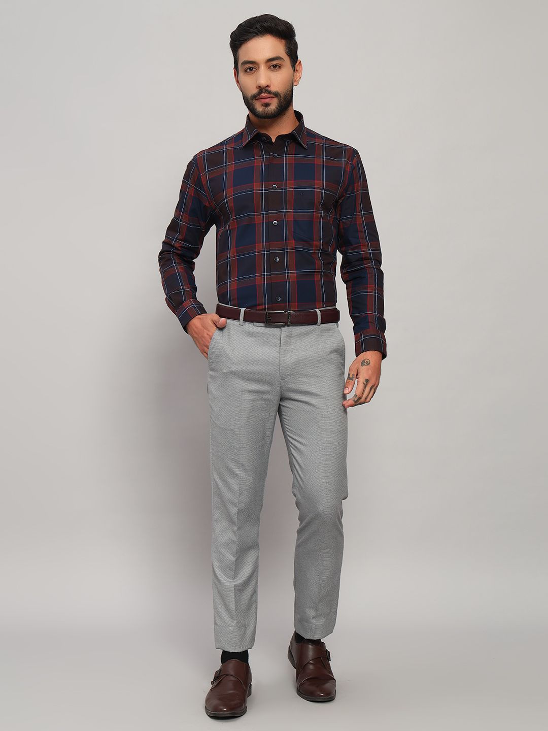 Cantabil Full Sleeves Spread Collar Checked Cotton Formal Shirt