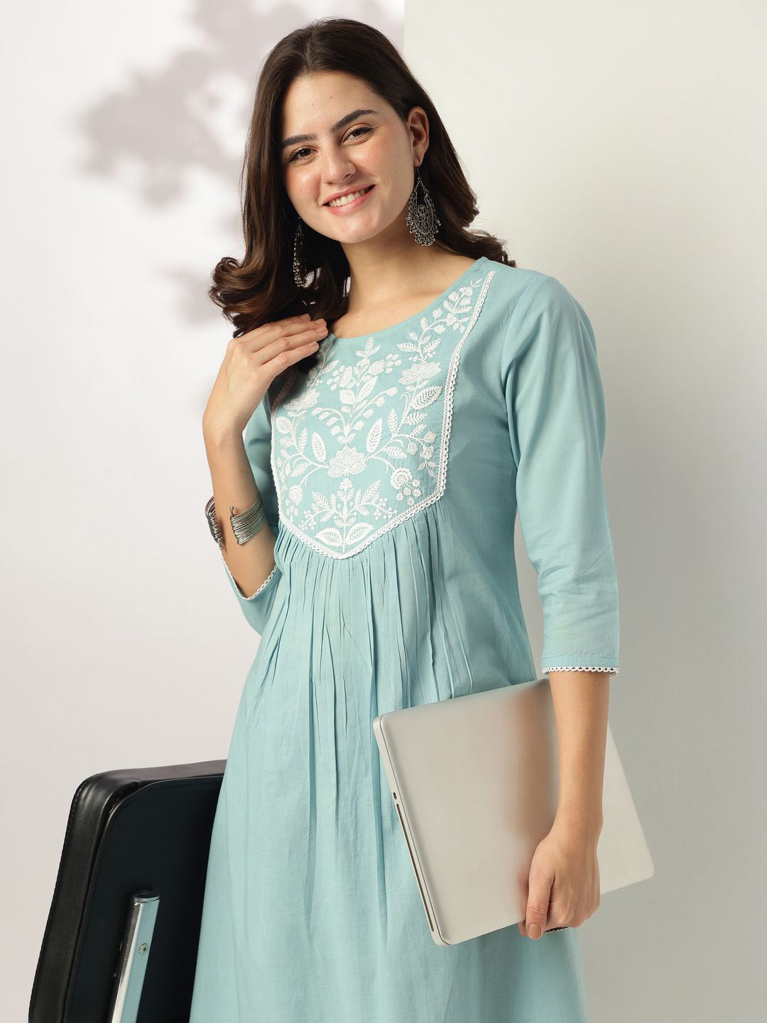 Janasya Women Light Blue Pure Cotton Yoke Embroidered A-line Kurta