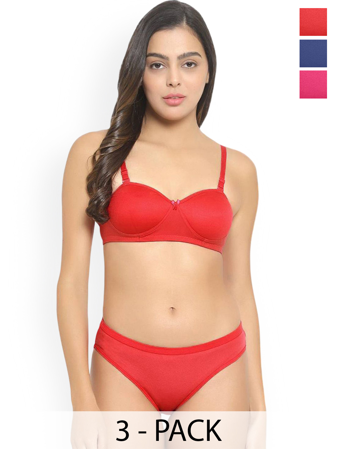 PIBU Pack Of 3 Cotton Lingerie Set H_Demi-Set_R,B,P