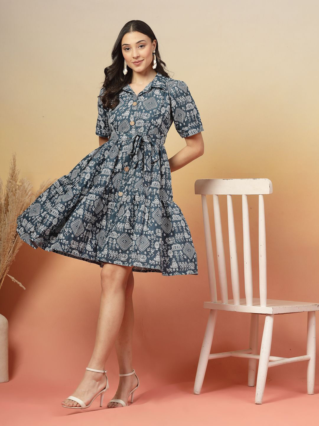 Stylum Women Ethnic Motifs Printed Shirt Collar Fit & Flare Above Knee Dress