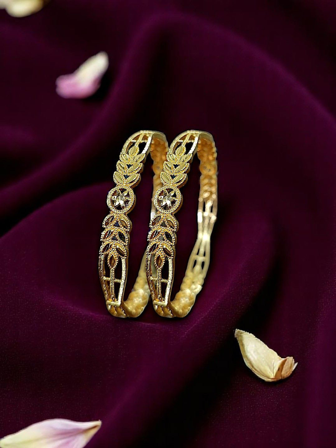 AccessHer Set Of 4 Gold-Plated Floral Textured Details-Studded Bangles