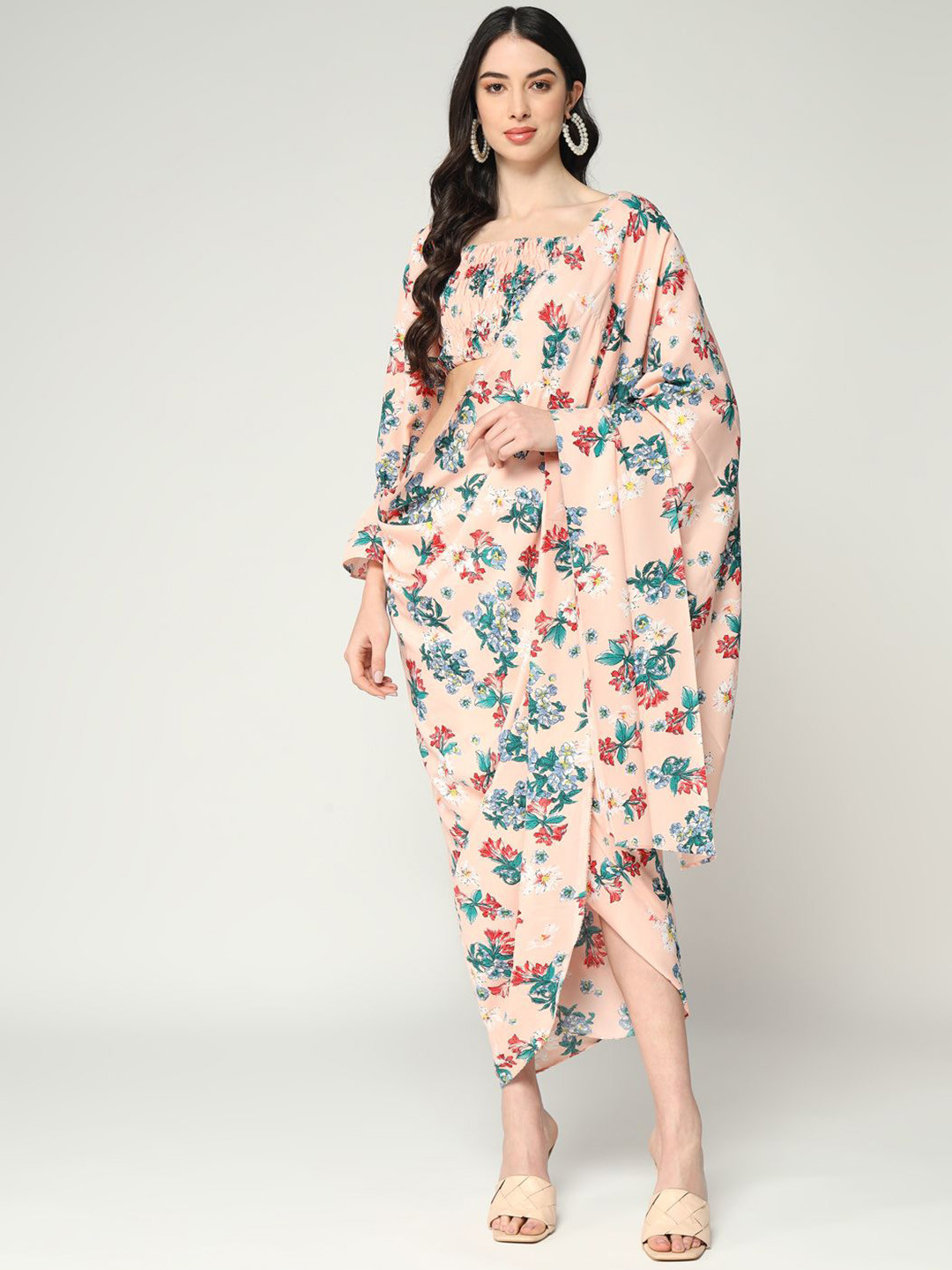 Pannkh Floral Printed Readymade Draped Saree With Matching Blouse