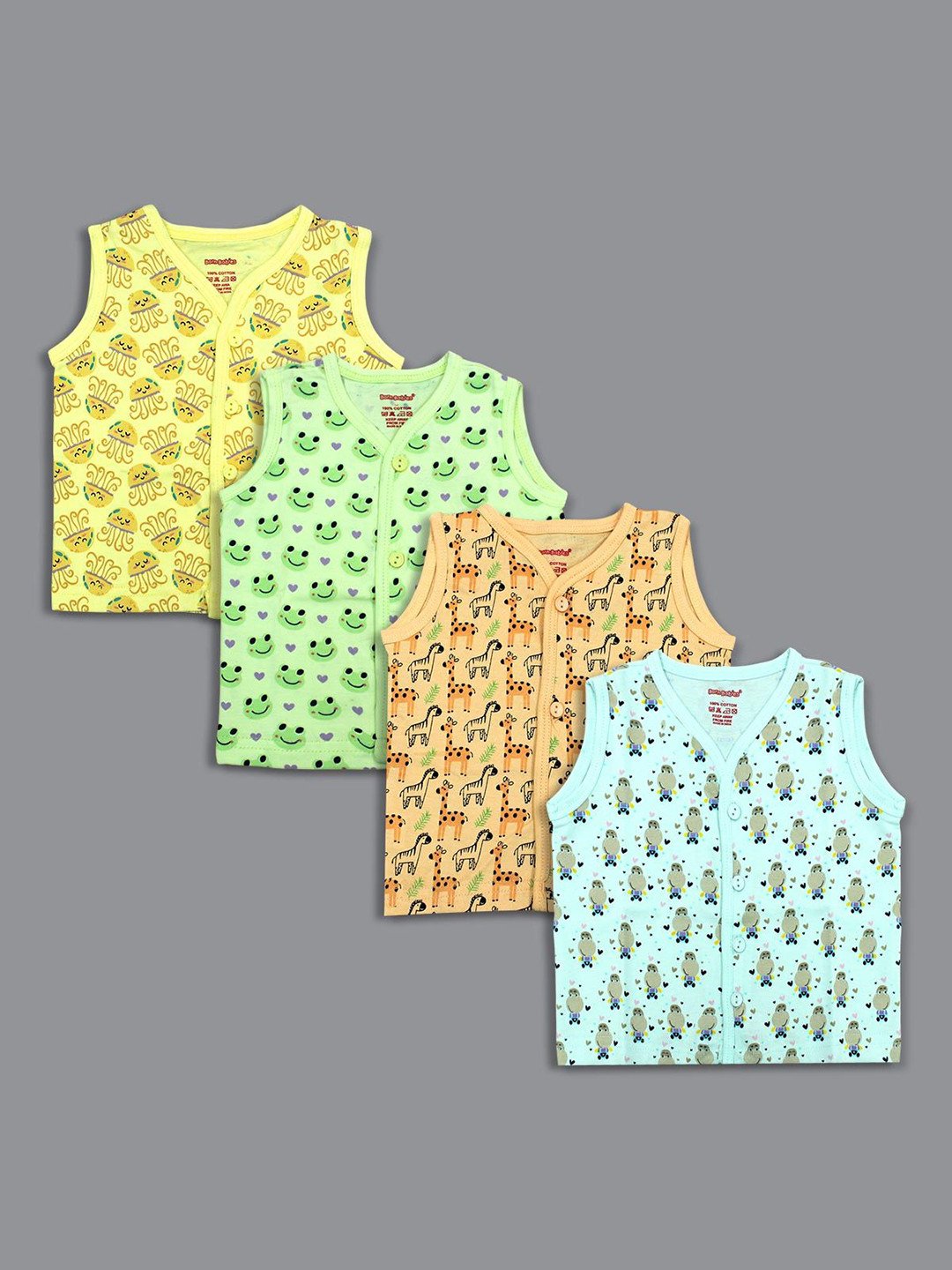 Born Babies Infants Pack Of 4 Printed Cotton Sleeveless Front Open Jhabla Vests CYGOBBT
