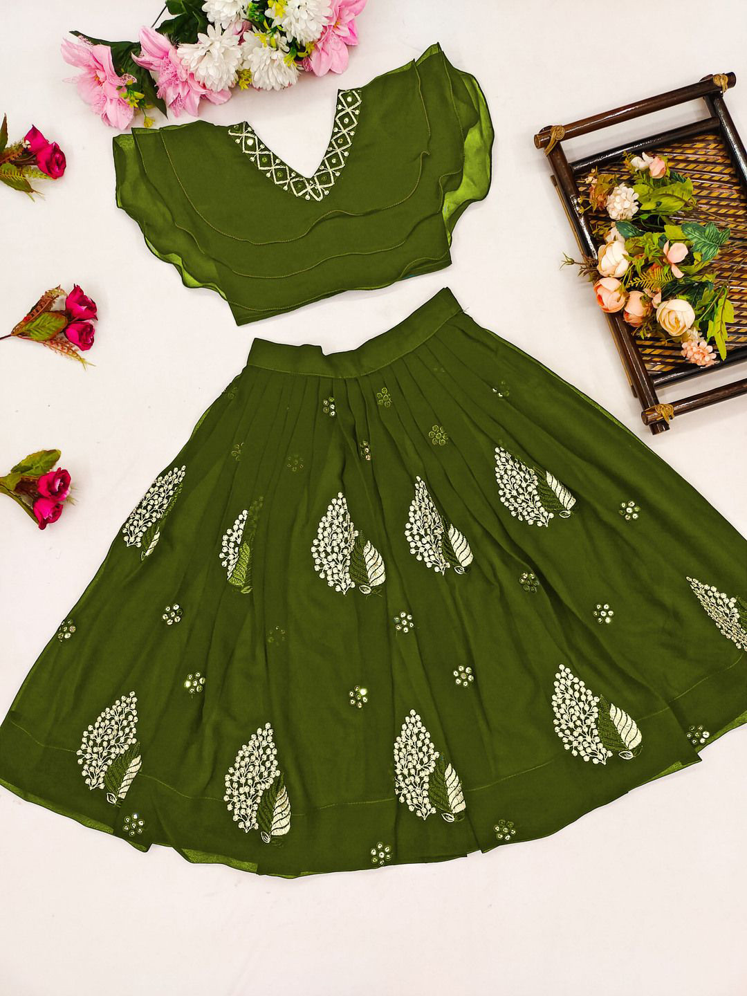 BAESD Girl's Embellished V-Neck Thread Work Ready to Wear Lehenga &