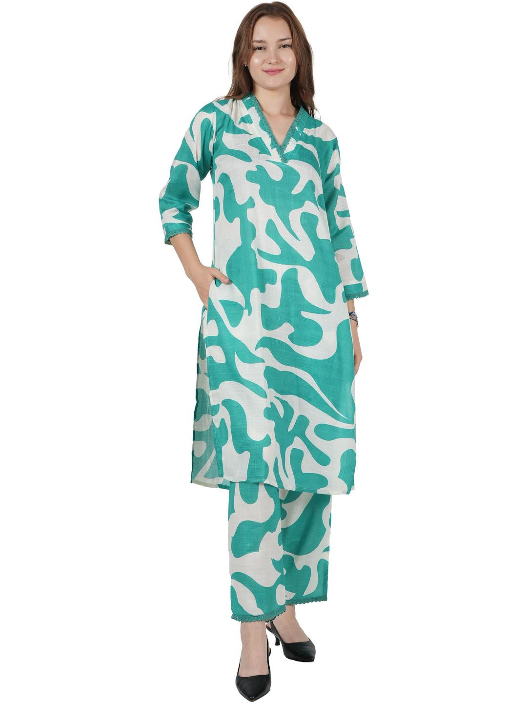 Dreambe Adults-Women Sea Green Pure Cotton Night suits