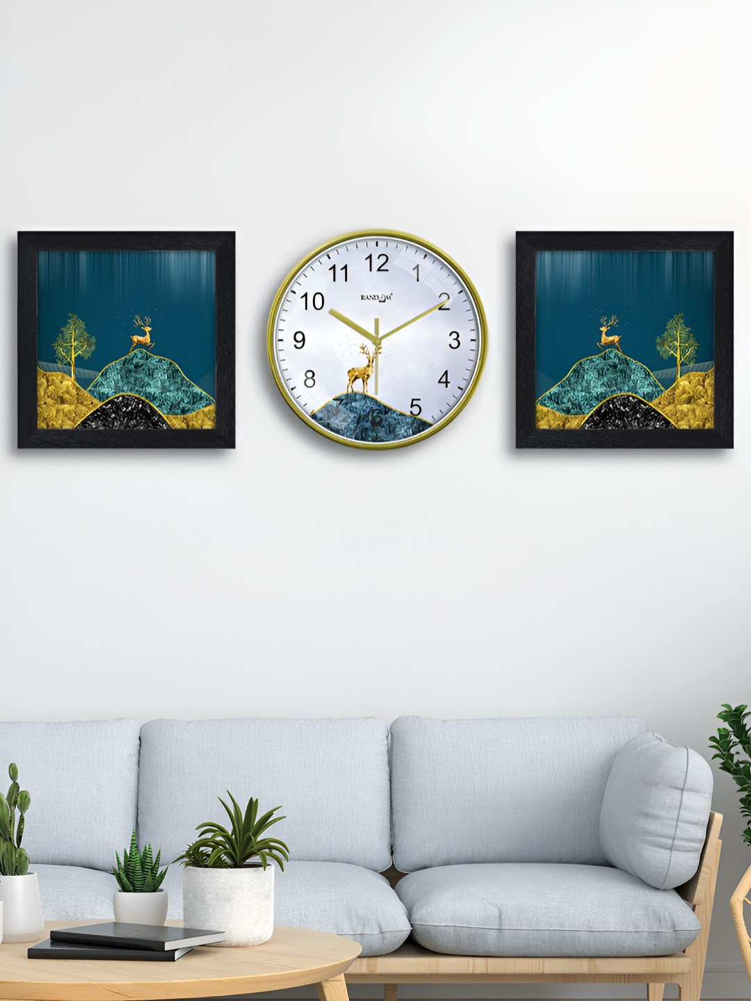 RANDOM Green & White Printed Traditional Wall Clock With 2 Photo Frames