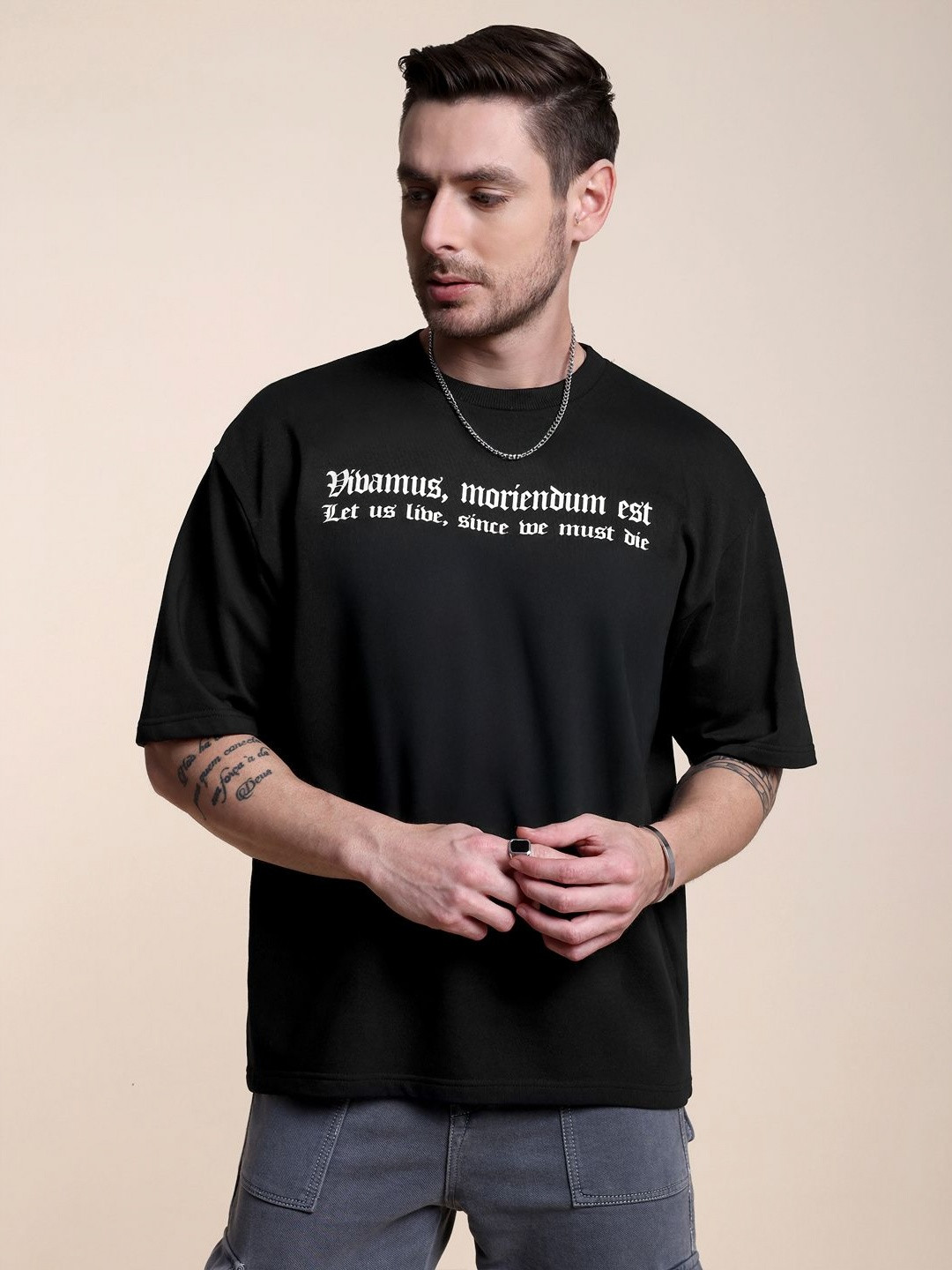 Midnight LAW Vivamus Typographic Printed Round Neck Cotton Oversized T-shirt