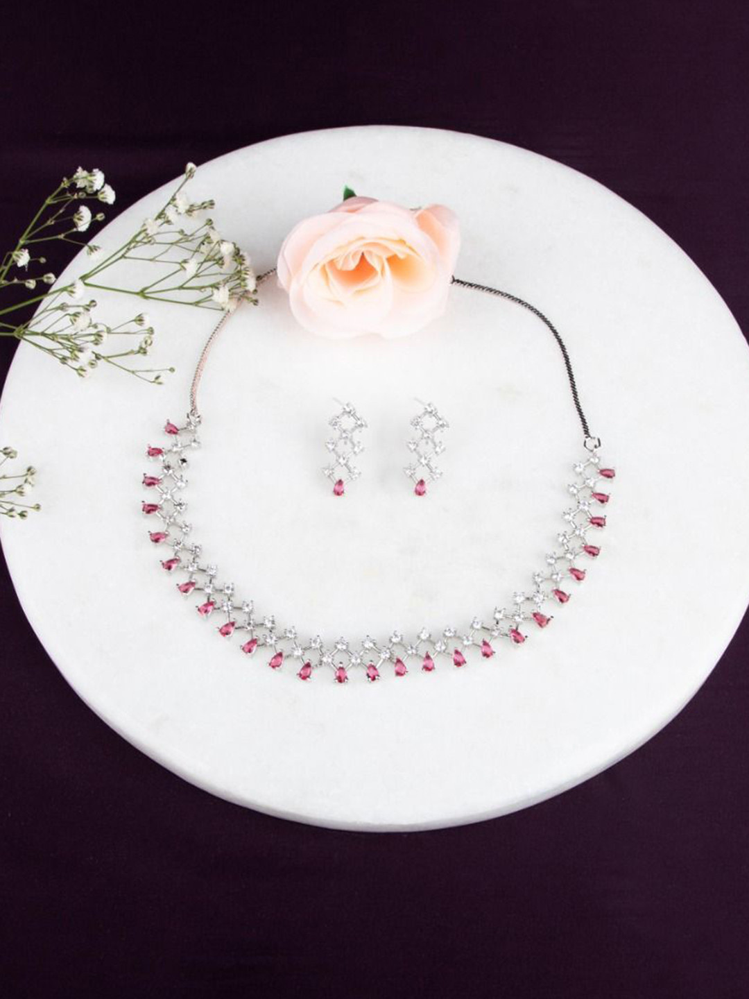 LA FILLE D'OR Silver Plated Cubic Zirconia Studded Jewellery Set