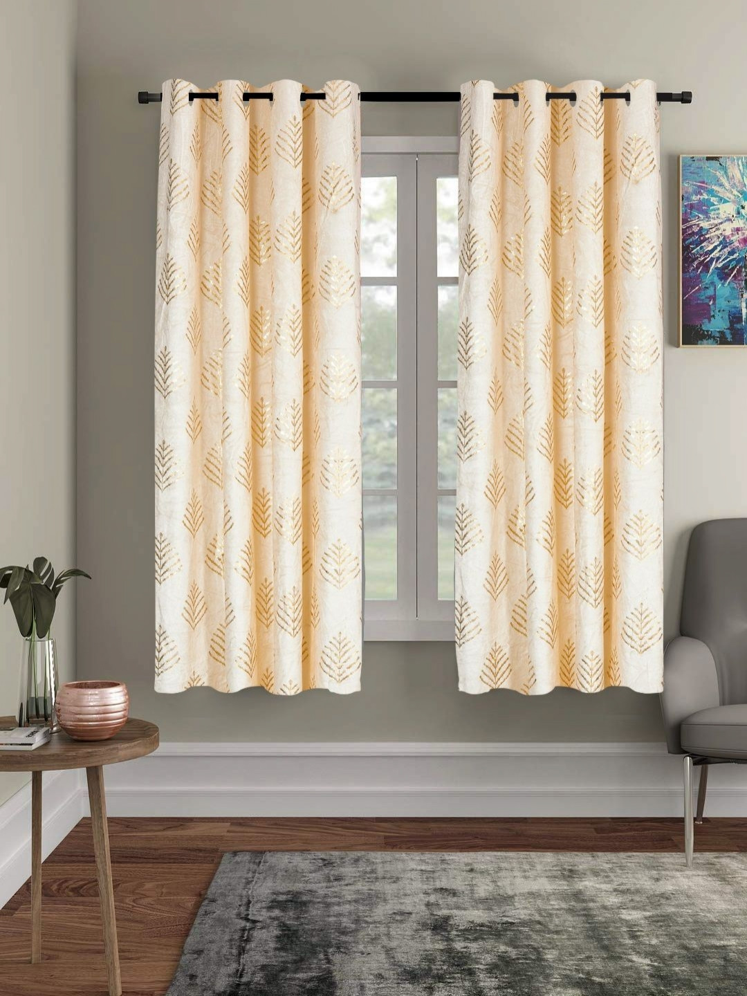 RRC Cream-Coloured 2 Pieces Velvet Floral Room Darkening Windows Curtains
