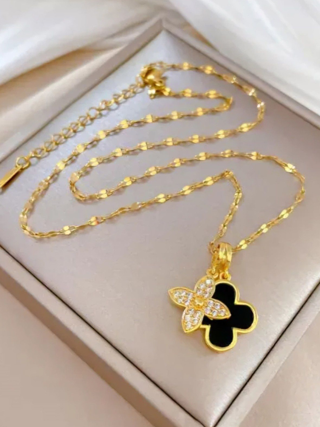 Brijsun Gold-Plated Crystal-Studded Dual Floral Charm Pendant With Chain