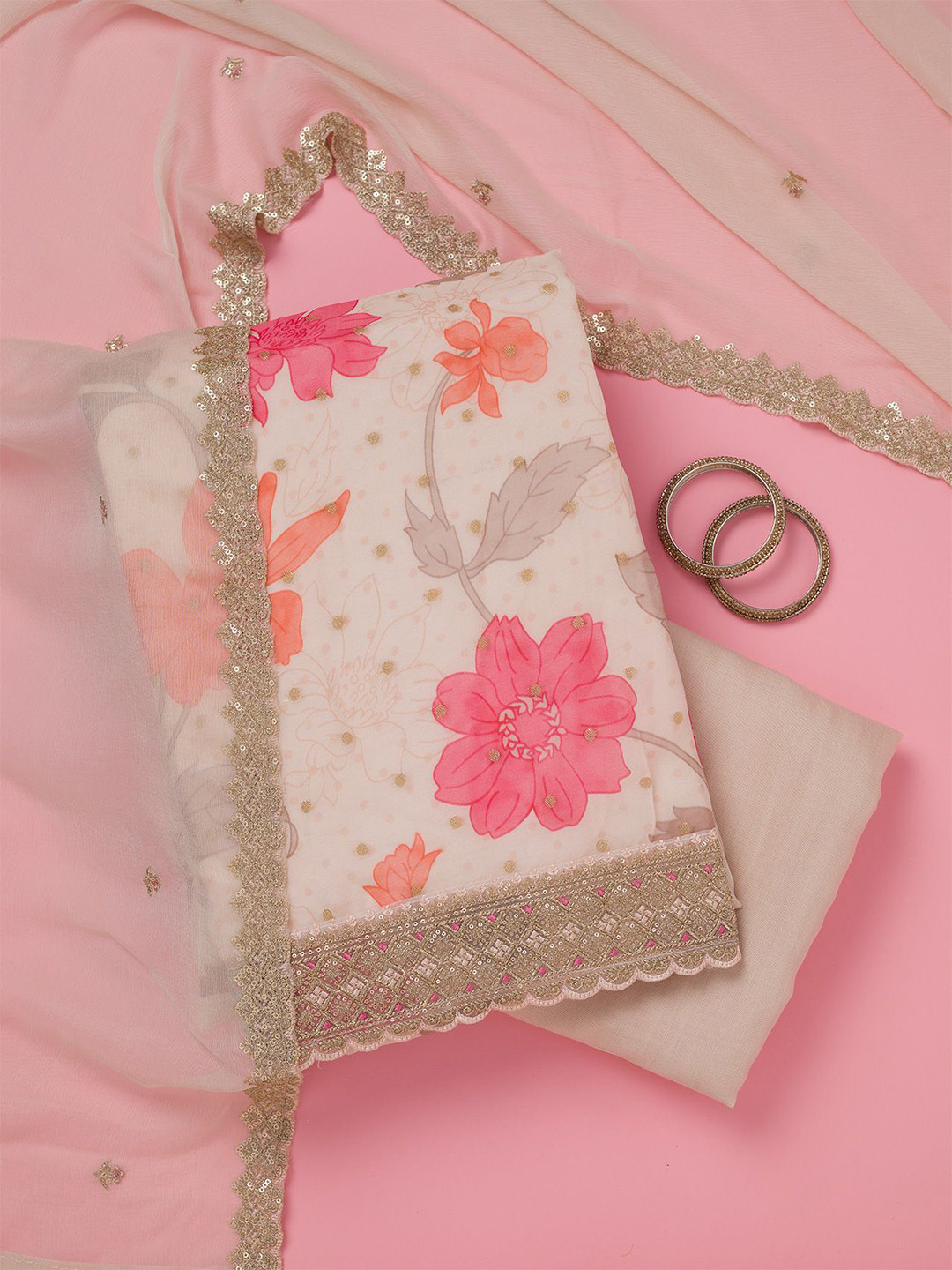 Koskii Floral Printed Zari Work Organza Unstitched Salwar Suit Material