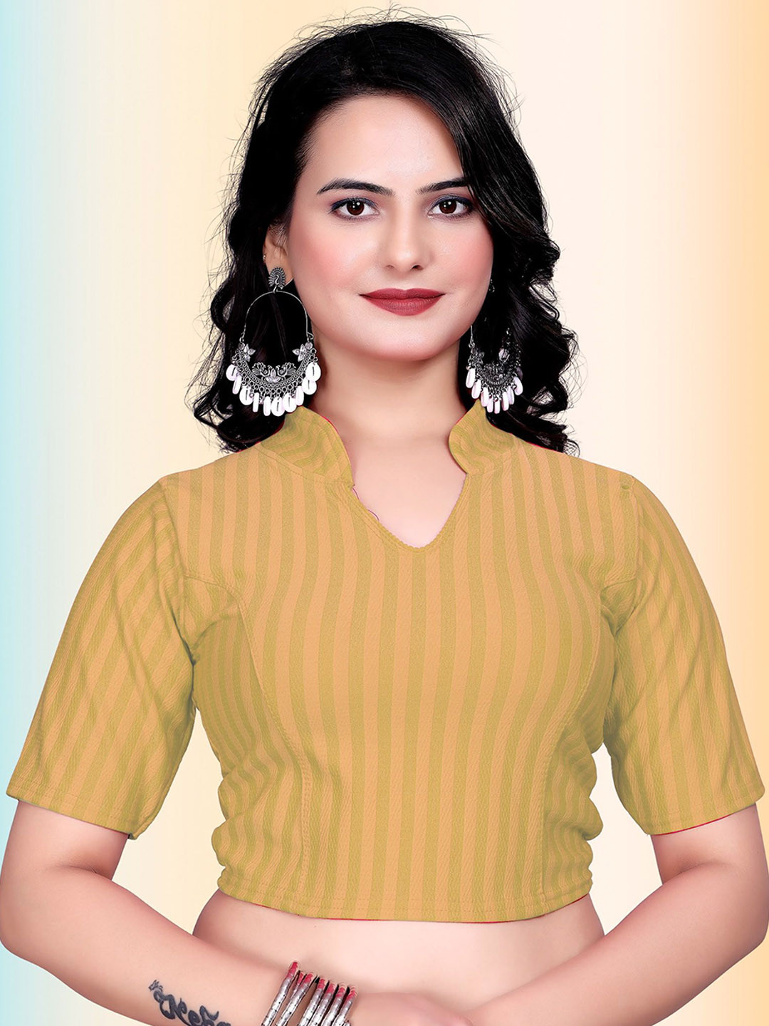 TANISHM FEB TEX Striped Round Neck Stretchable Saree Blouse
