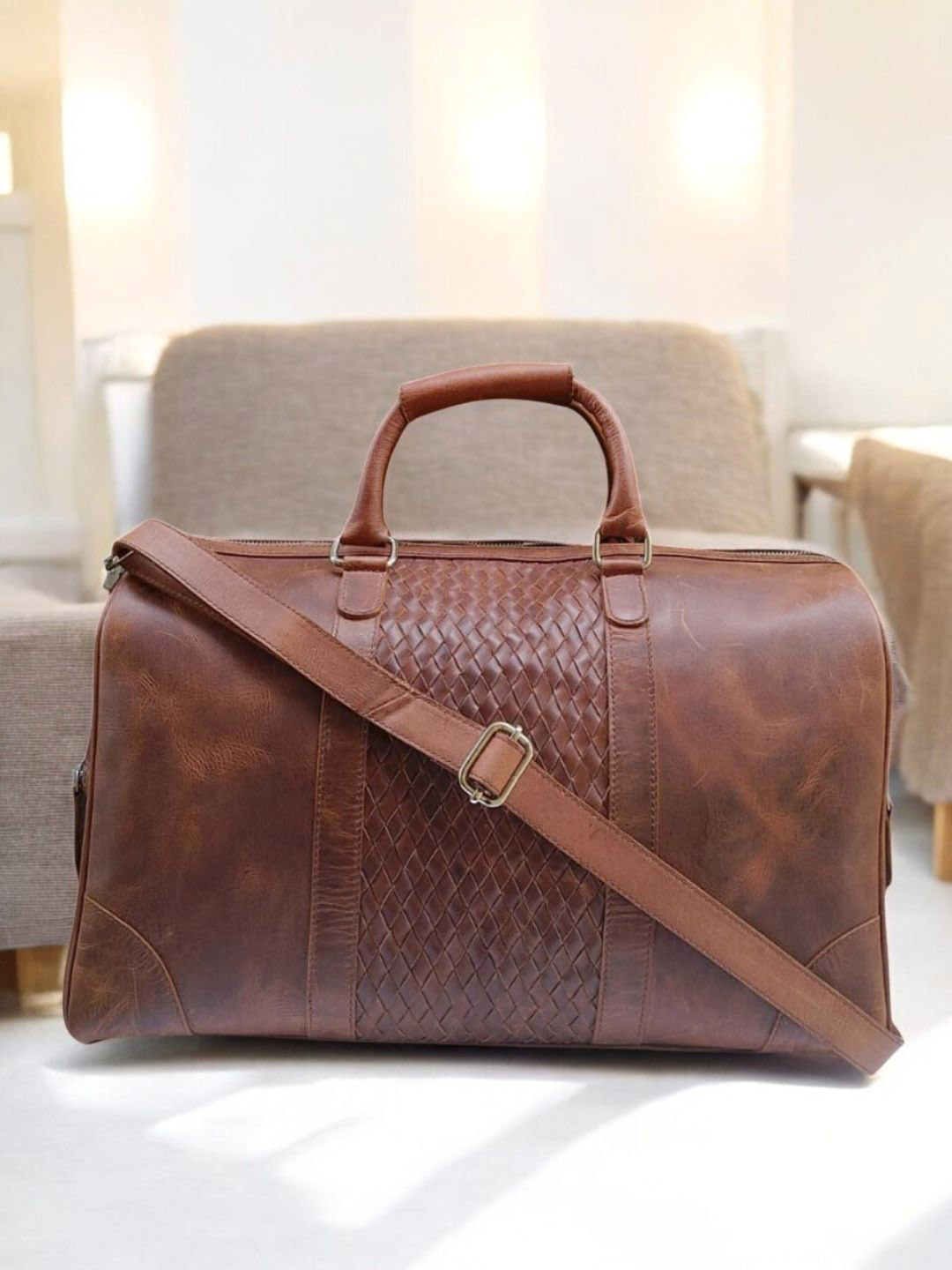 PERKED Large Textured Leather Duffel Bag
