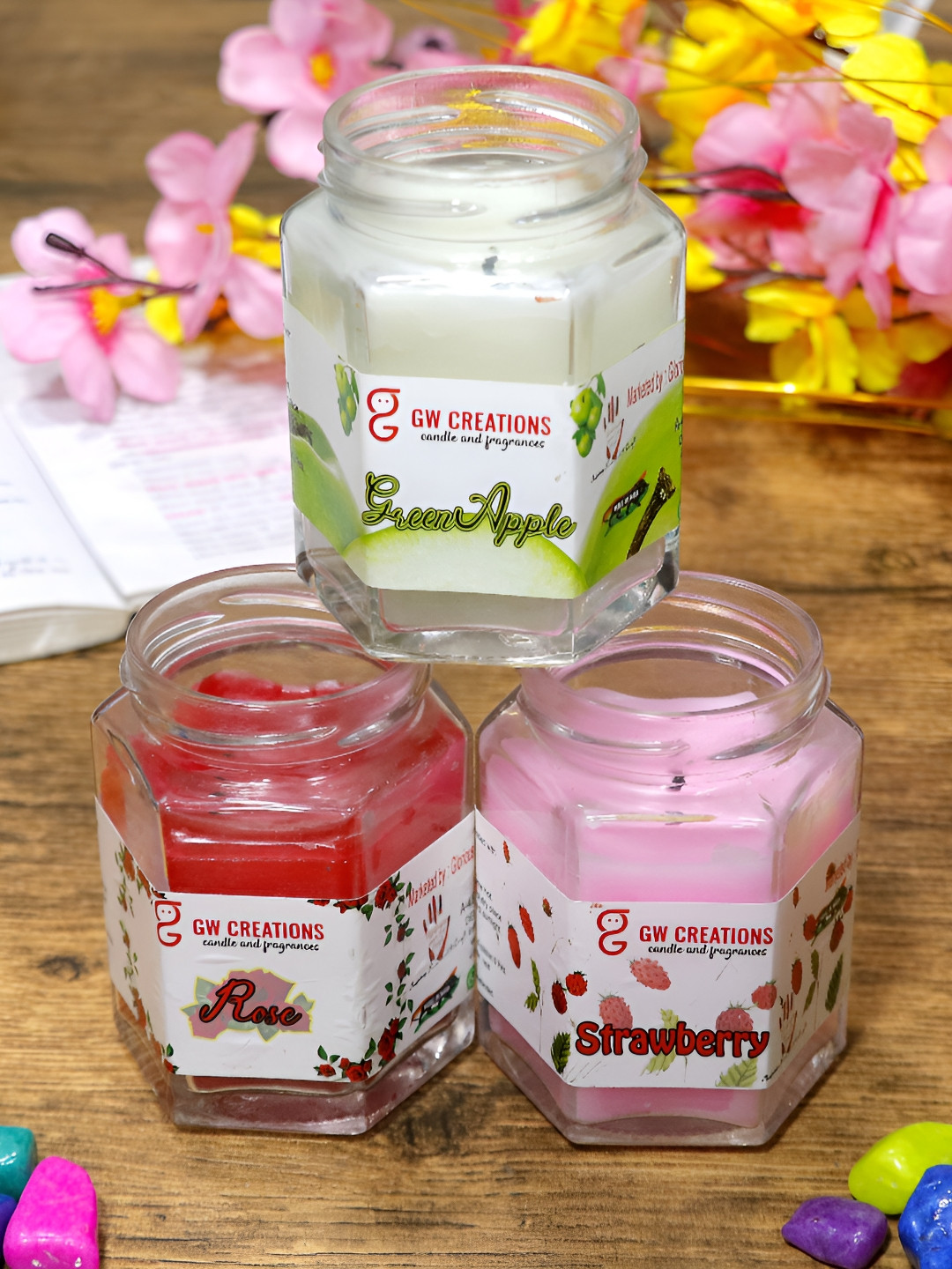Aura Hexagon 3Pcs Rose & Green Apple & Strawberry Solid Geometric Regular Jar Candles