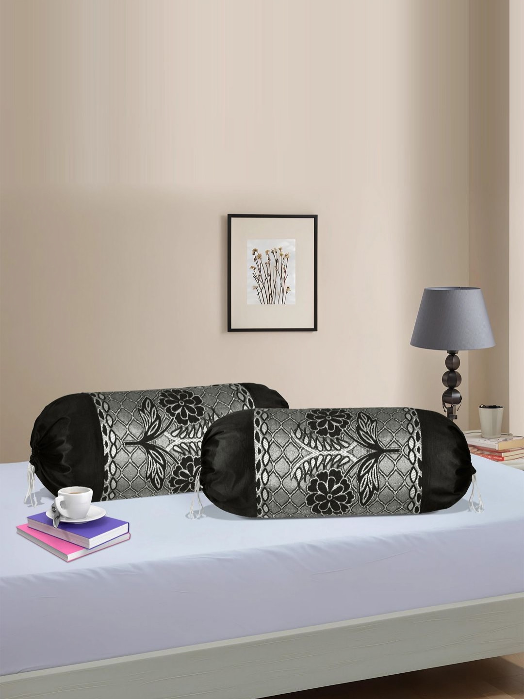 Myntra Elegant Homes 2-Pcs Black & Grey Bolster Pillow Cover With Dori