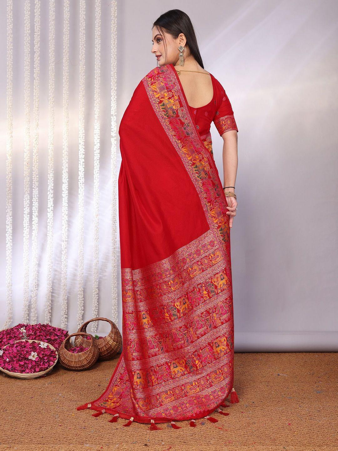 KALINI Red Rich Zari Woven Kalamkari Motifs Saree
